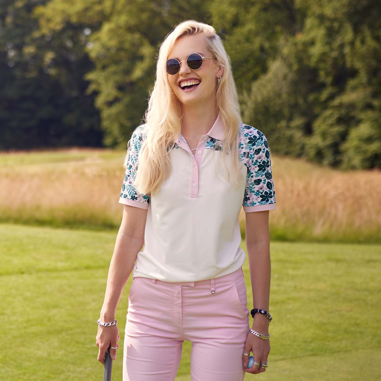 Ladies' golf polo shirt with printed elements
