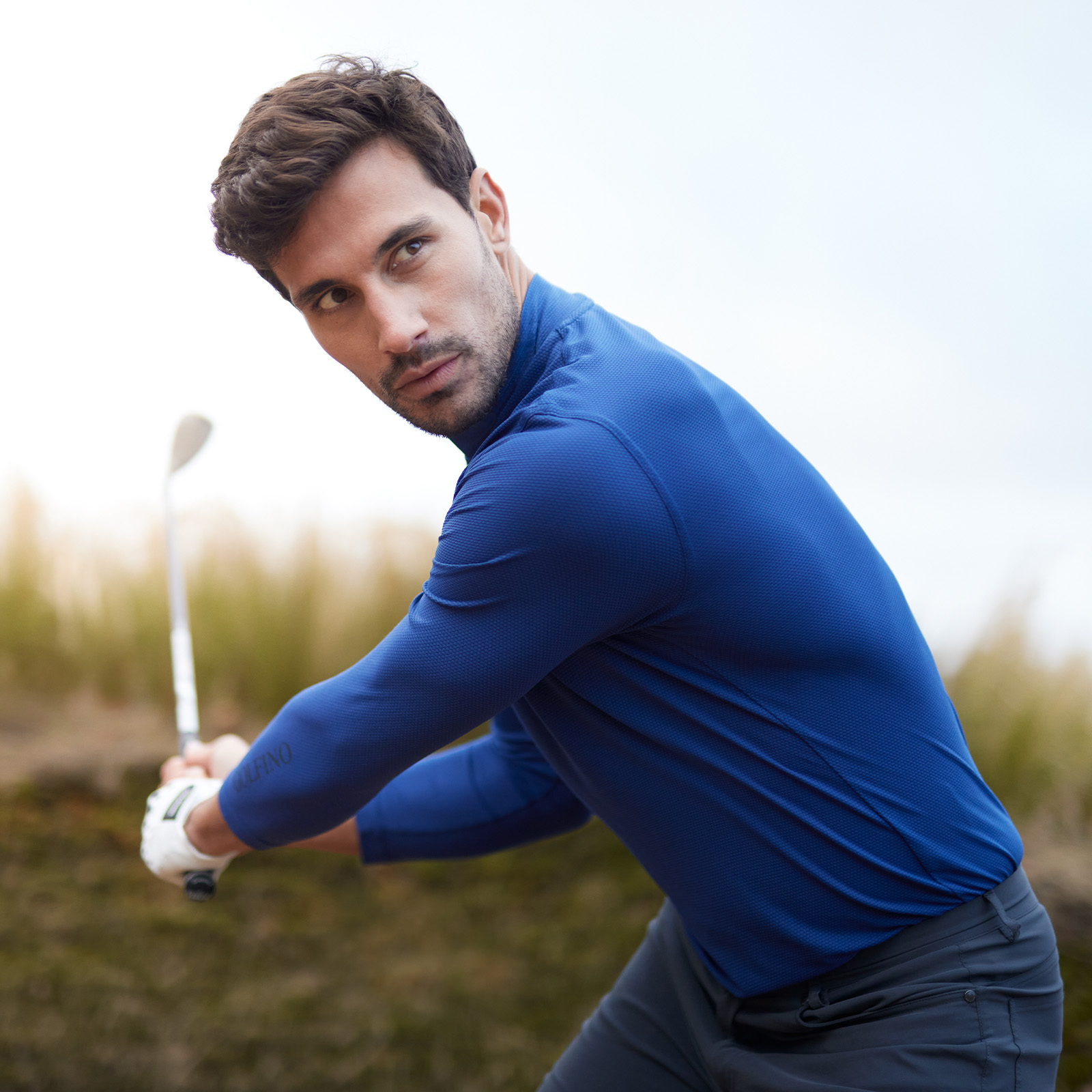 Camiseta de golf de manga larga en tejido bubble jacquard para hombre