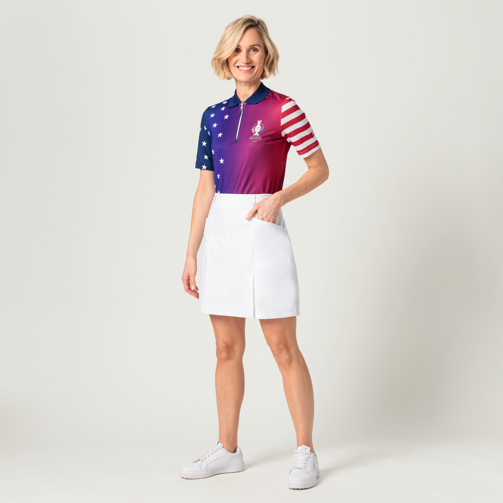 Asymmetrisch bedrucktes Damen Golf Polo mit Sternen im Solheim Cup Design