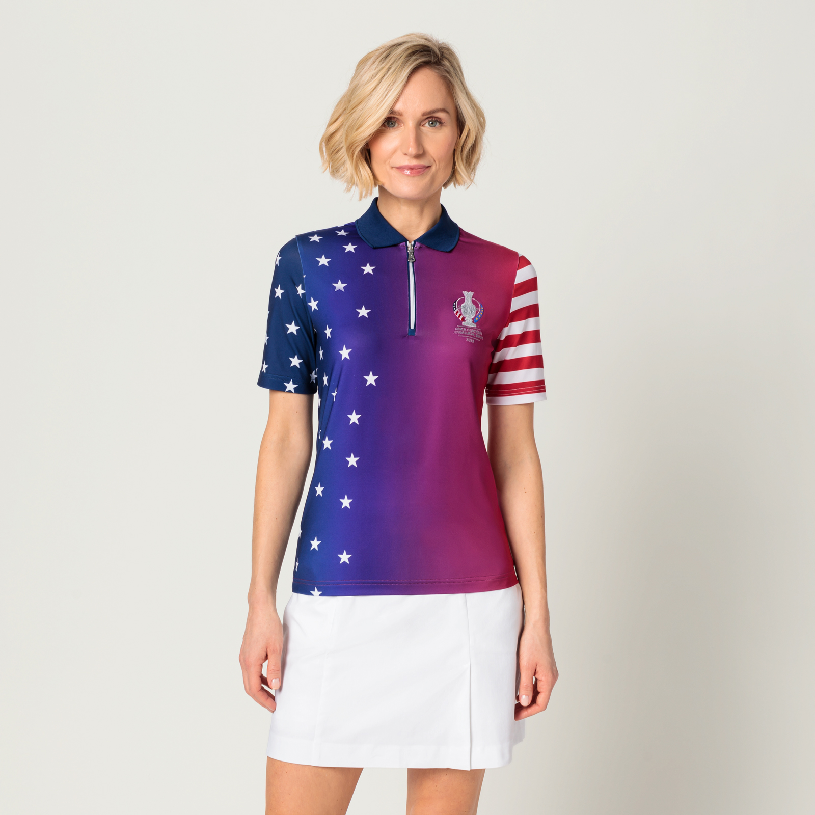 Ladies' golf polo shirt with asymmetrical star print in Solheim Cup design 
