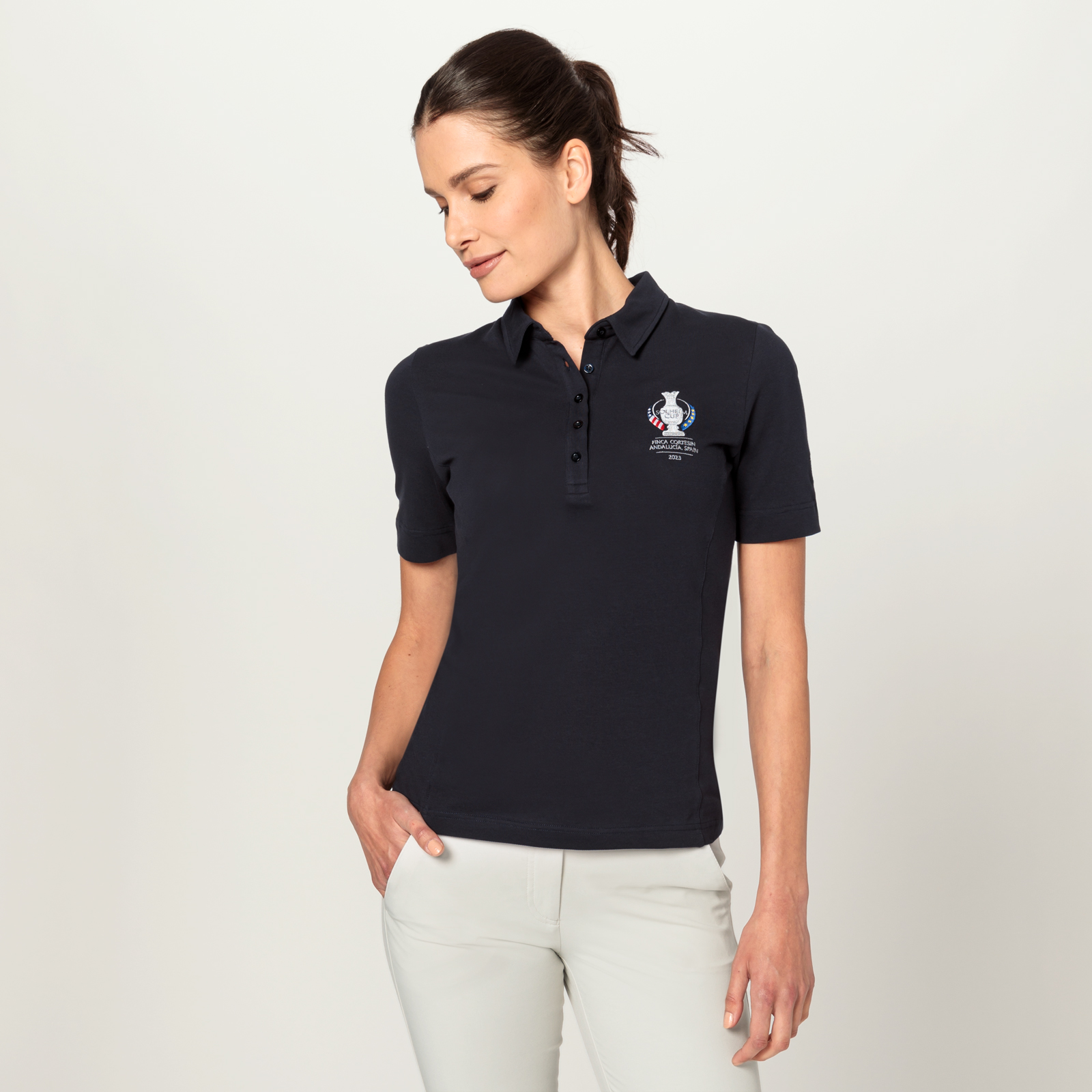 Ladies' slim fit golf polo shirt with sun protection in Solheim Cup design 