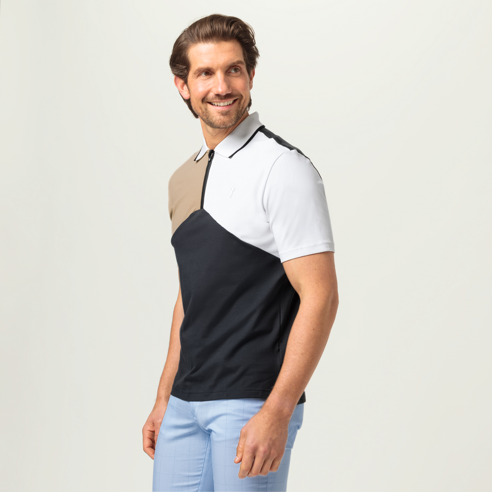 Men's zip-up golf polo shirt with UV protection 