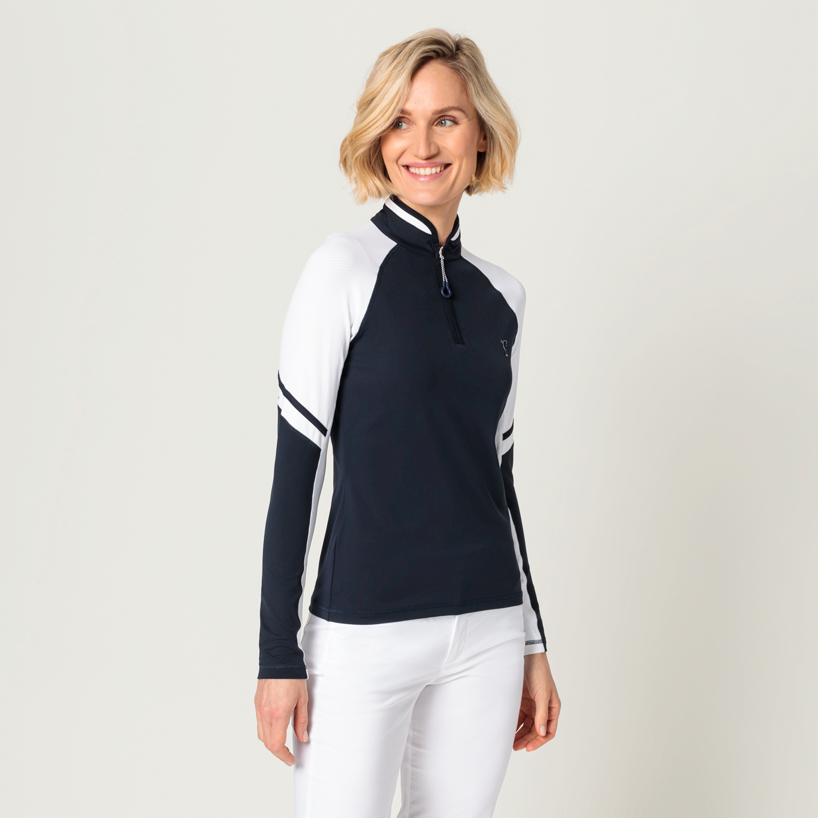 Ladies' two-tone, long-sleeved, half-zip golf sweater with mesh inserts 