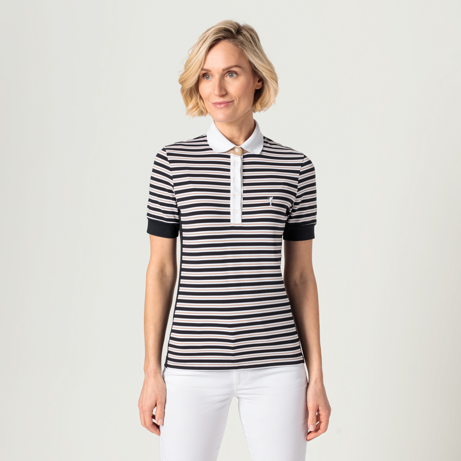 Ladies' golf polo shirt with all-over stripe pattern and moisture management function 