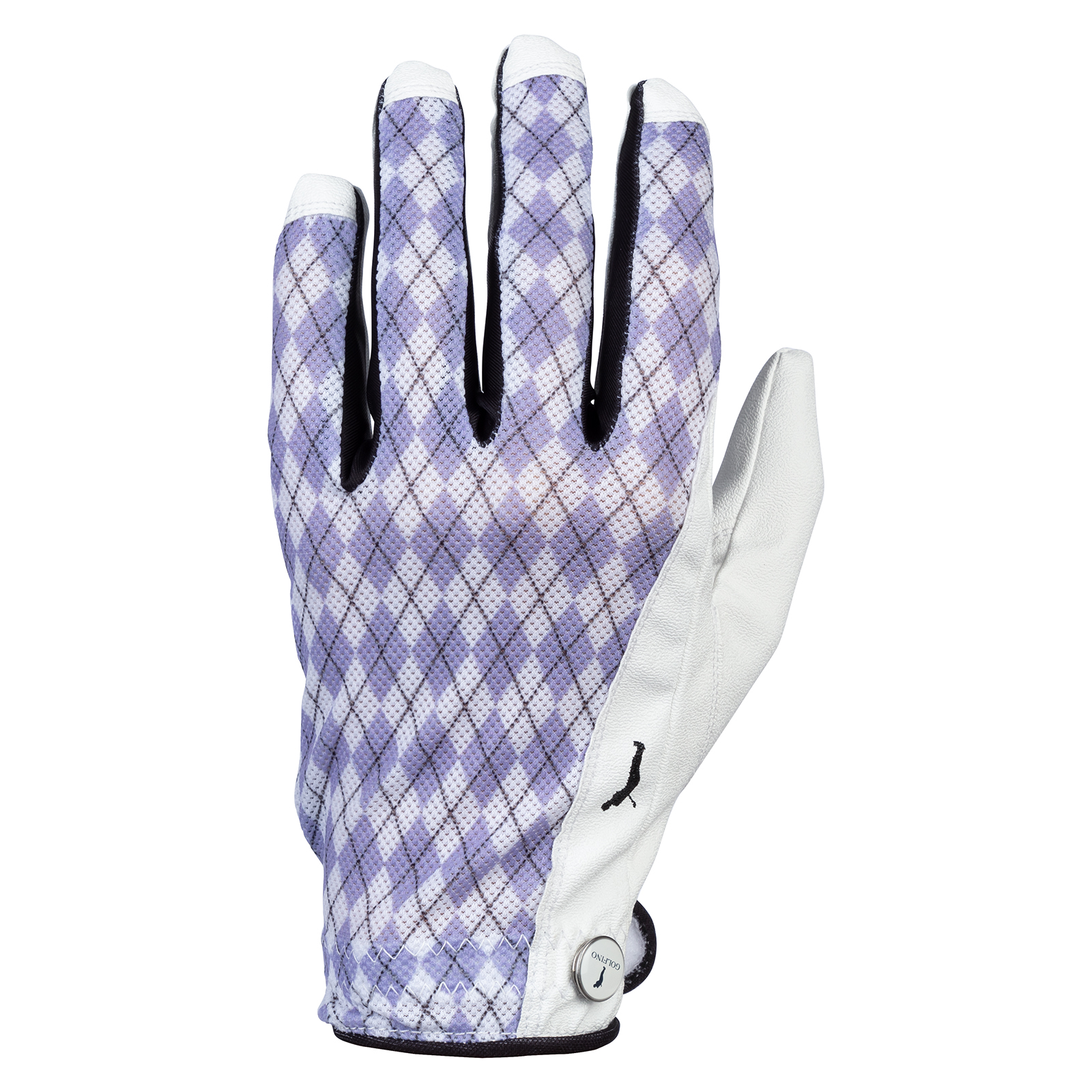 Ladies' left-hand golf glove made from vegan leather with argyle pattern 