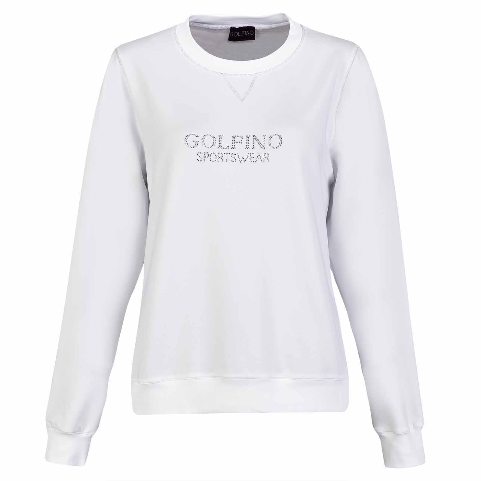Ladies' round-neck pullover with extra-stretch comfort and rhinestones
