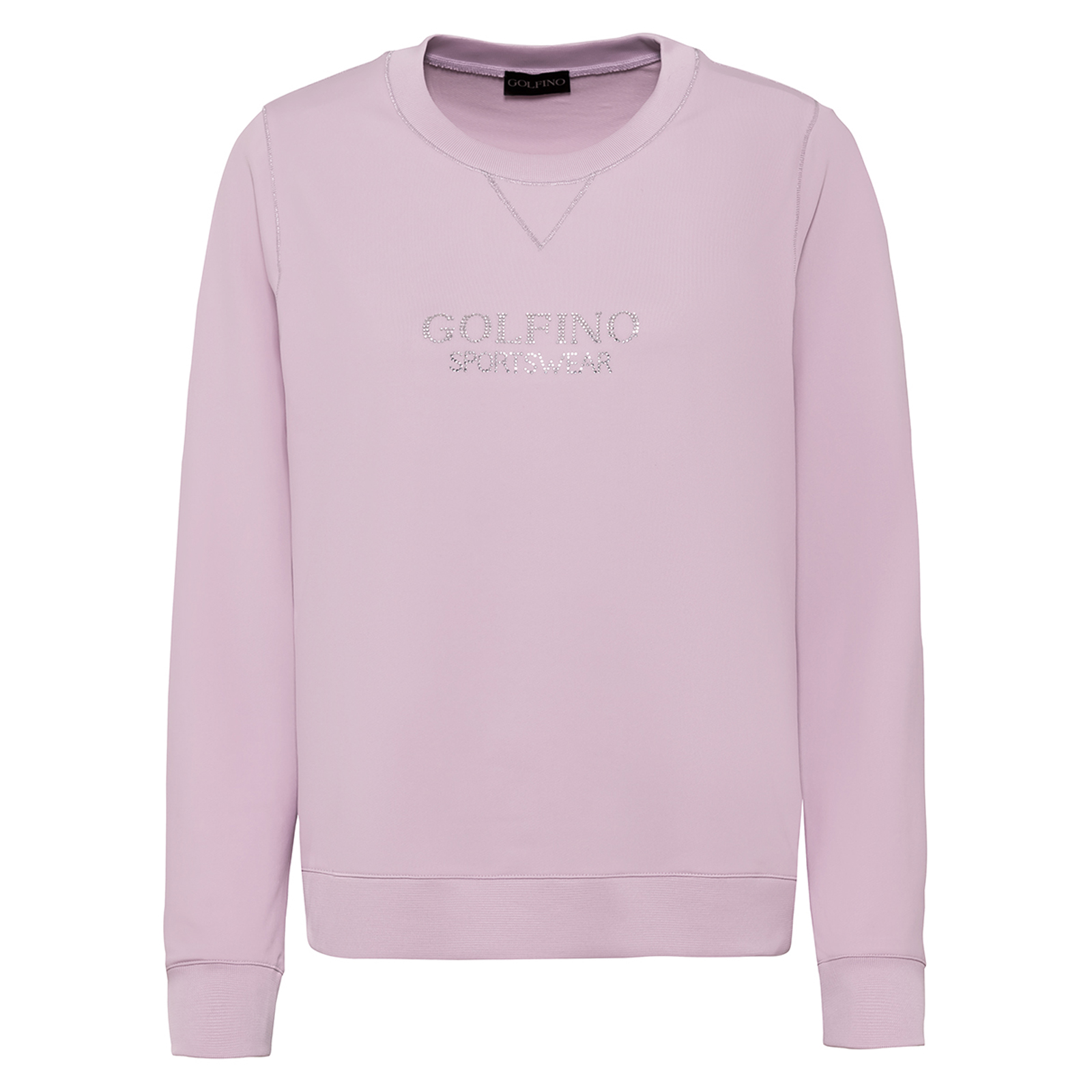 Ladies' round-neck pullover with extra-stretch comfort and rhinestones