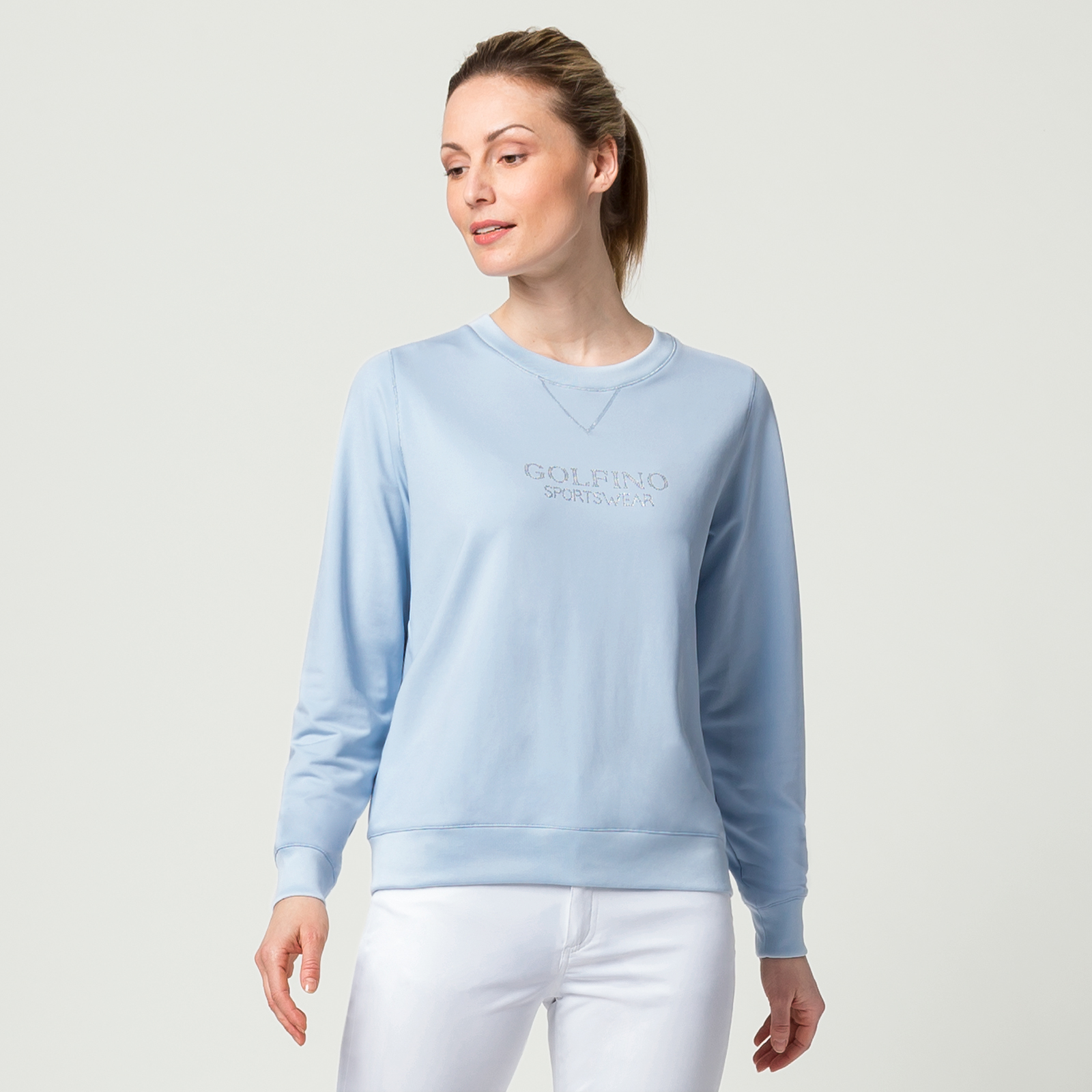 Damen Rundhals Pullover mit Extra Stretch Komfort und Strass-Applikation