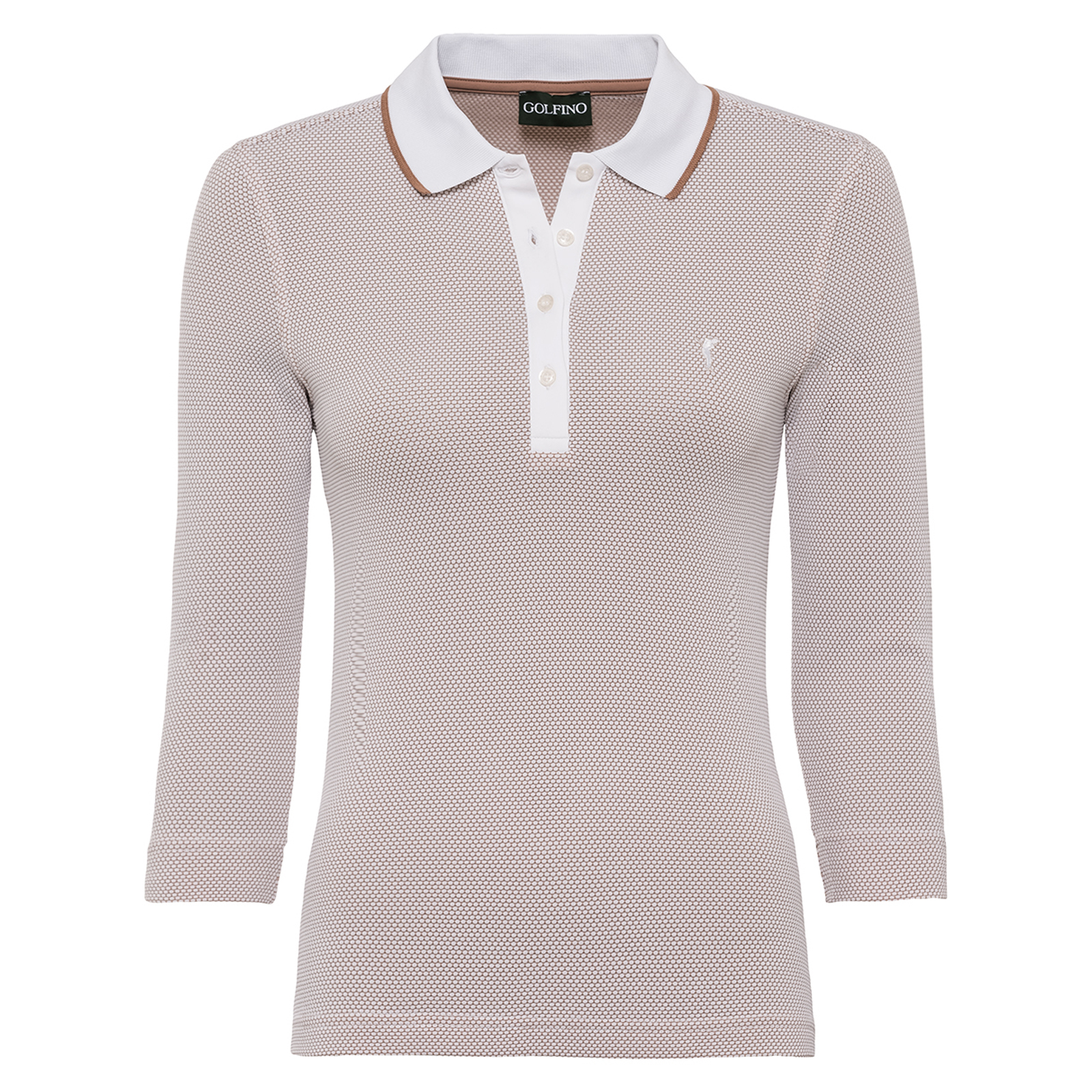 Ladies' golf polo shirt with 3/4-sleeves made from moisture-regulating bubble Jacquard fabric