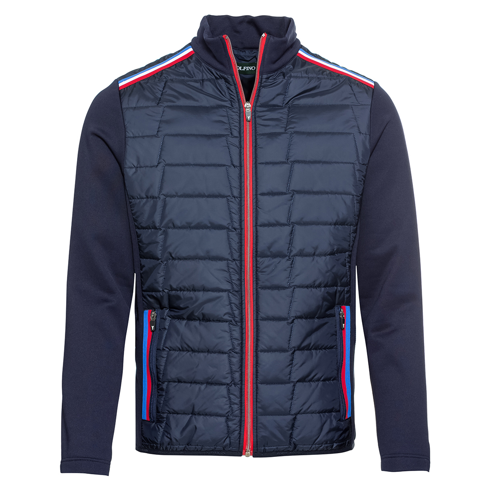 Men's stretch golf jacket with contrasting stripes and cold weather protection 