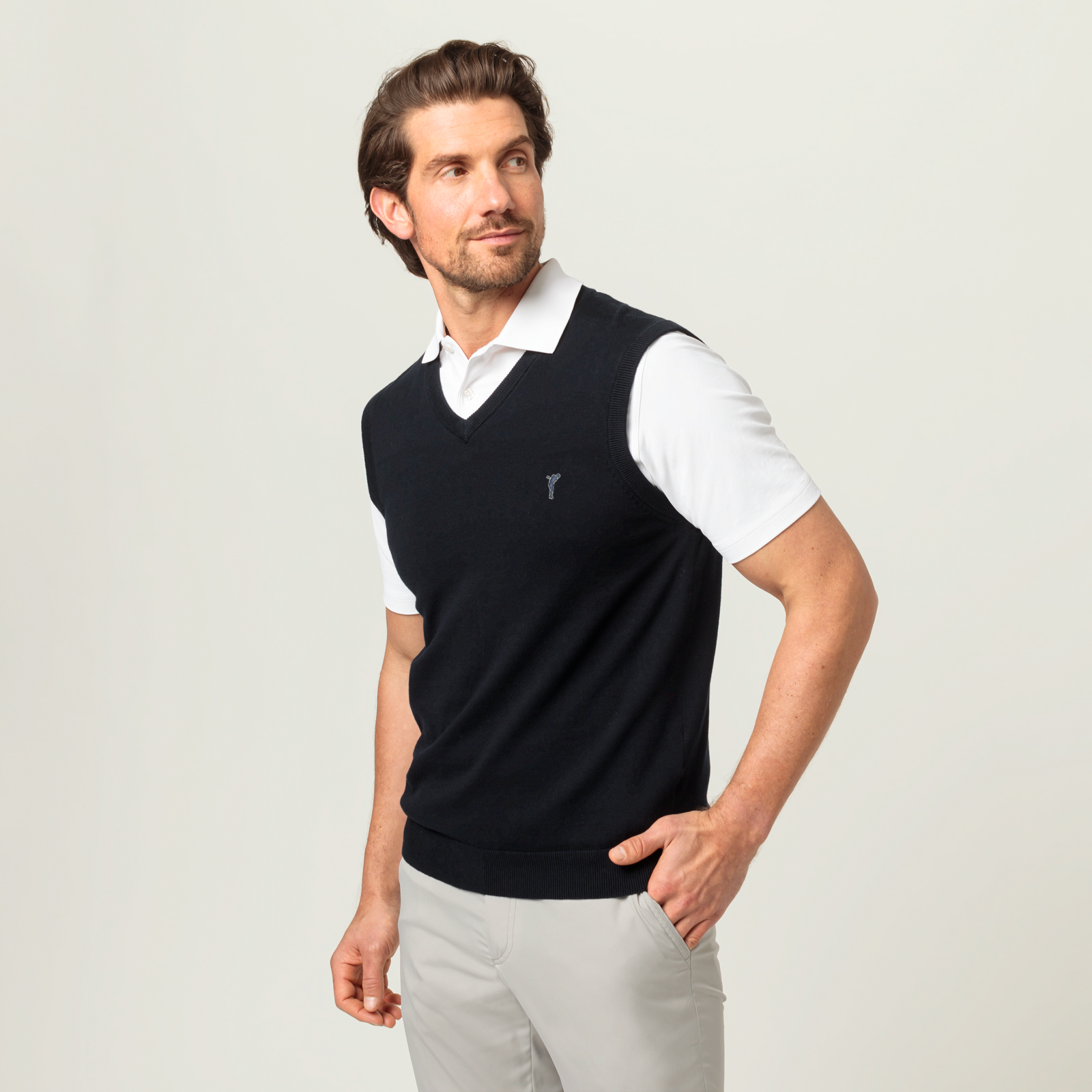 Sleeveless, soft cotton V-neck golf sweater 