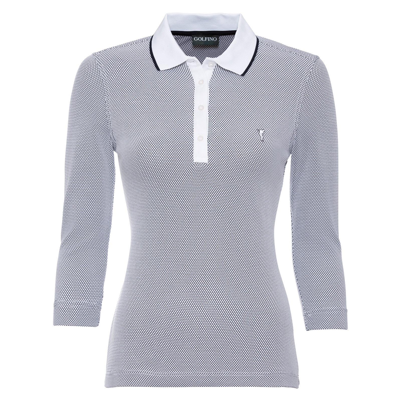 Ladies' golf polo shirt with 3/4-sleeves made from moisture-regulating bubble Jacquard fabric
