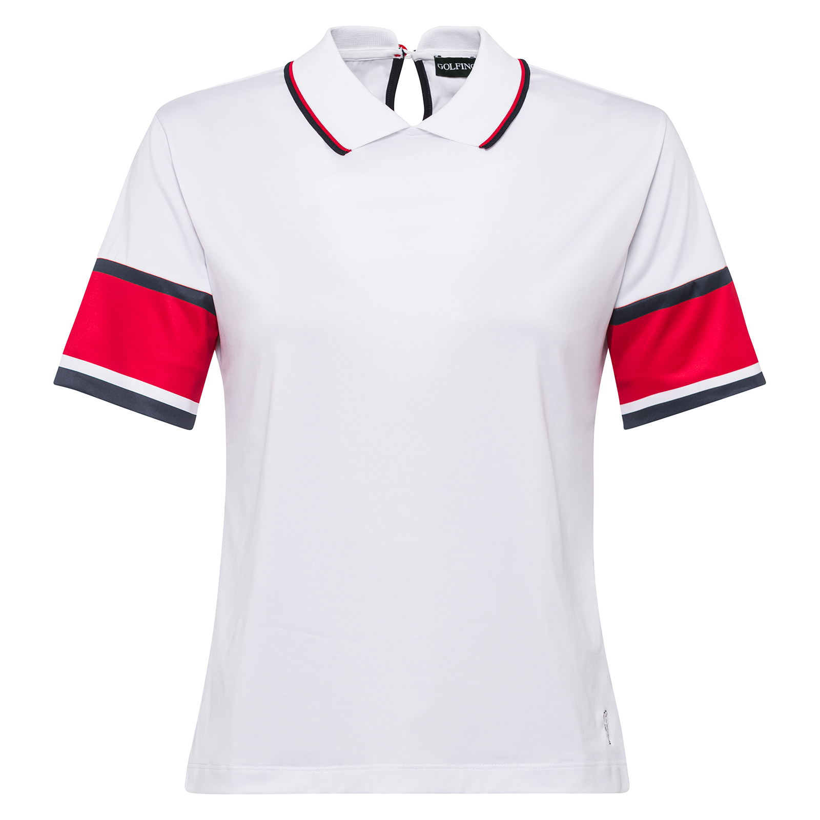 Fashionable ladies' golf polo shirt with back closing collar 