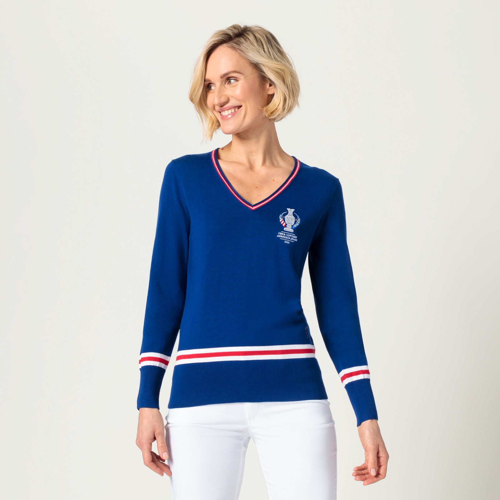 Ladies' V-neck Pima cotton golf sweater in Solheim Cup design 