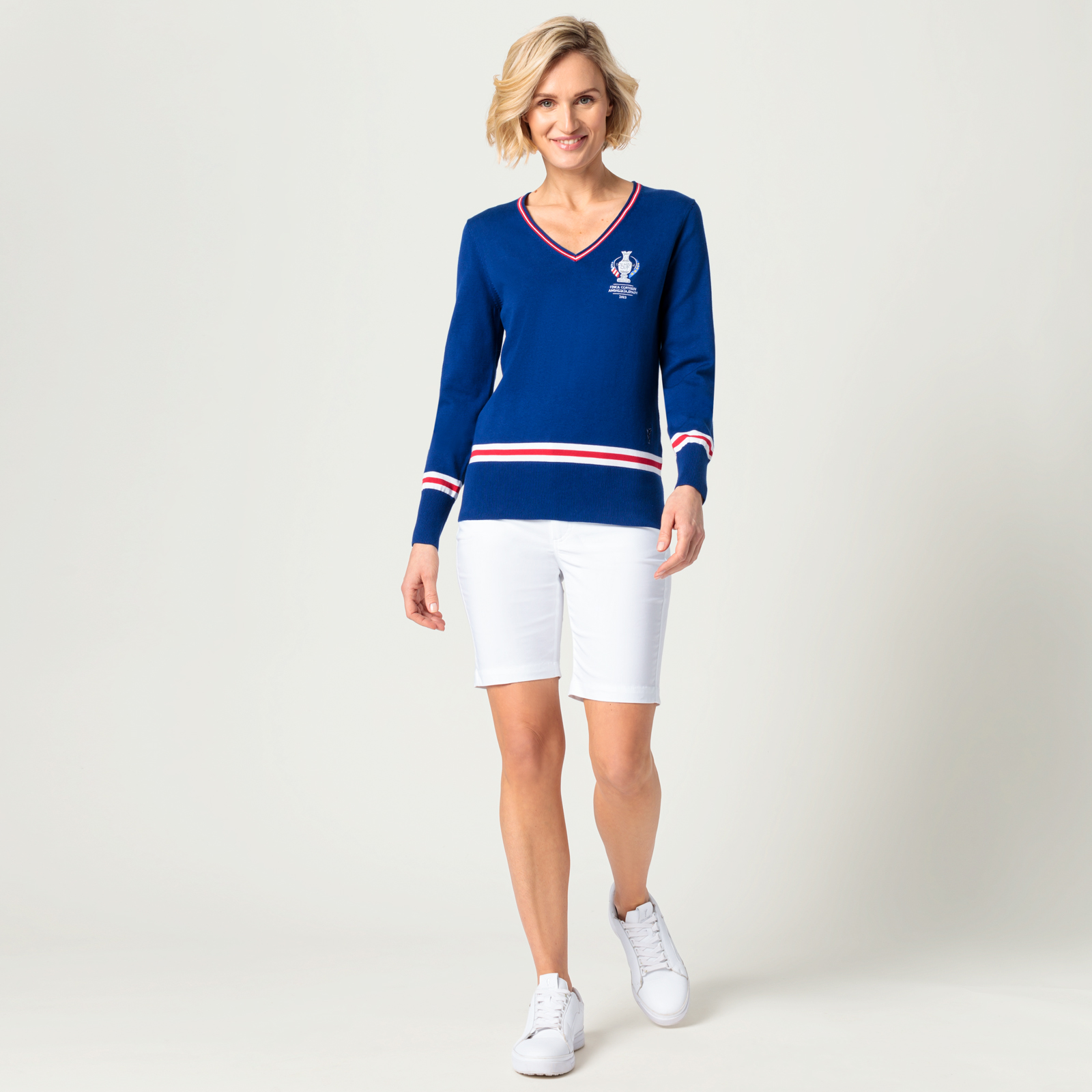 Damen Golf V-Pullover aus Pima Cotton im Solheim Cup Design